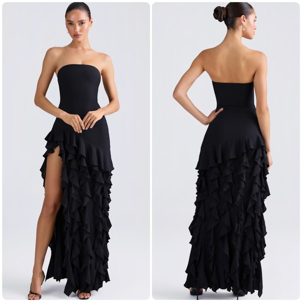 Oh Polly Diletta Ruffle-Trim Strapless Gown Maxi Dress in Black Size 2 New